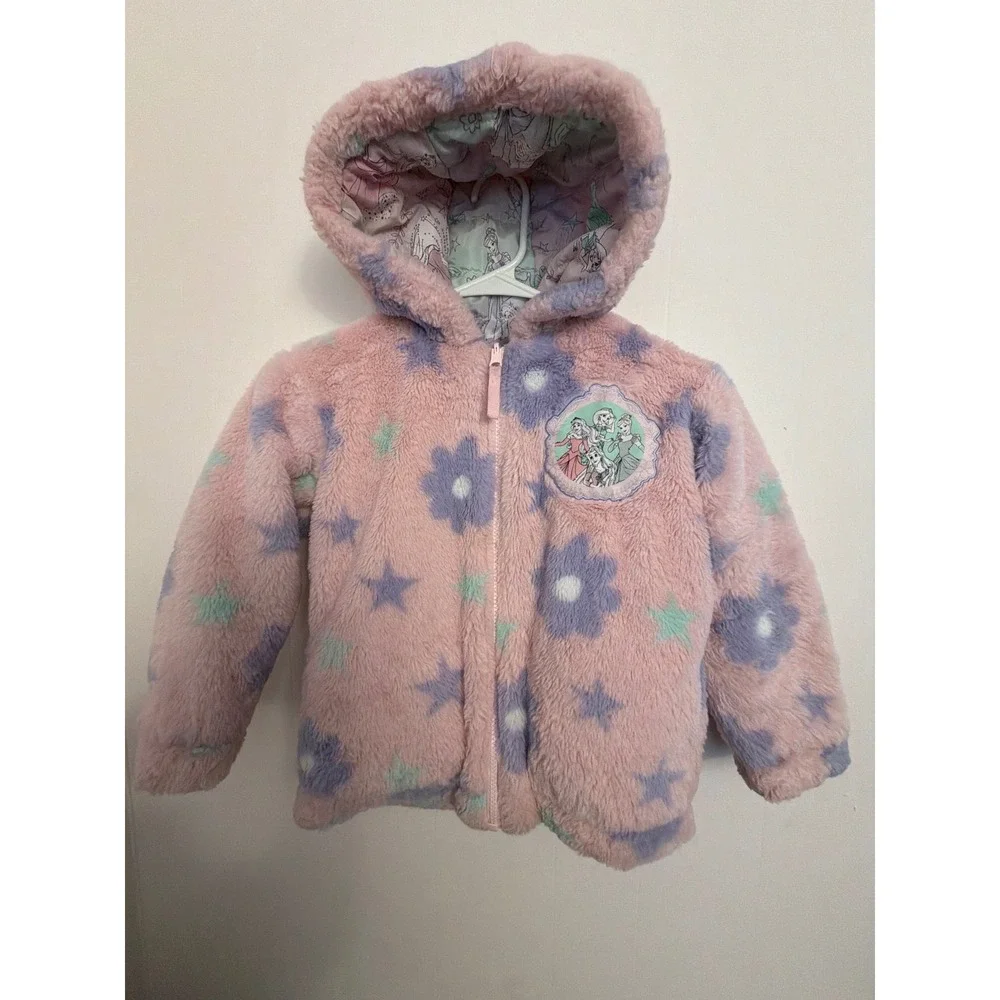 Disney Princess Reversible Puffer Jacket Girls 6 Pink Purple Floral Excellent